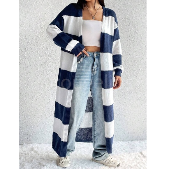 Striped White Navy Long Duster Knit Cardigan Open - Picture 7 of 8